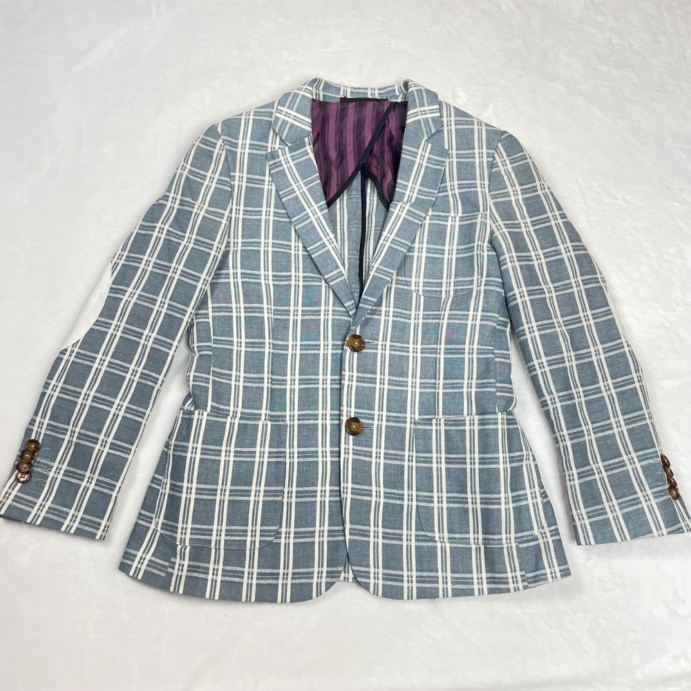 American Exchange NY Blazer Linen Cotton Women 10 Blue Plaid Good Y2K Elbow
